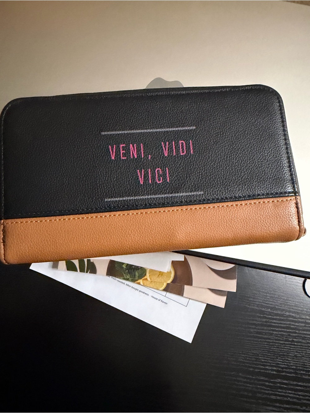 Zip-Around Wallet with 'Veni, Vidi, Vici' Text - Black & Tan Thirty-One Benjamin
